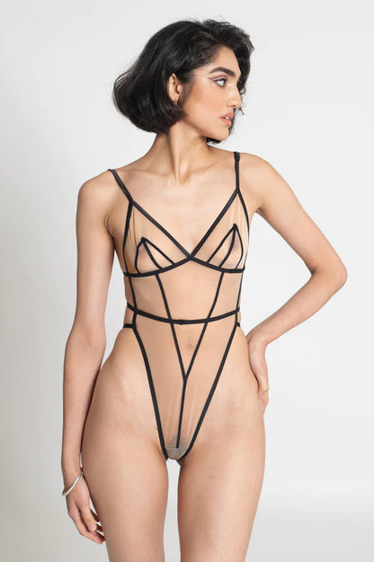Axel Dark Nude Wrap Strap Bodysuit DearMx.com